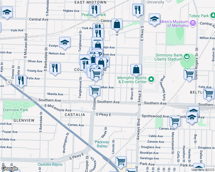 map of restaurants, bars, coffee shops, grocery stores, and more near 1013 Meda Street in Memphis