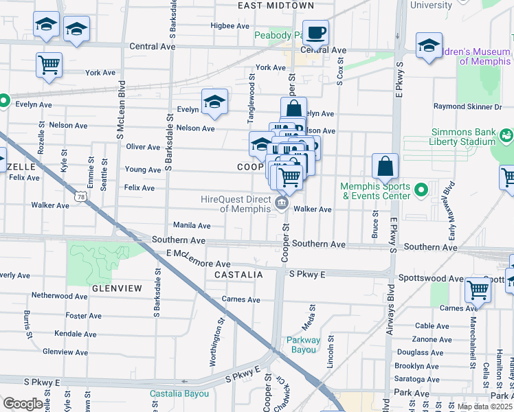 map of restaurants, bars, coffee shops, grocery stores, and more near 2078 Walker Avenue in Memphis