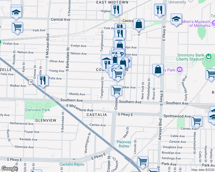 map of restaurants, bars, coffee shops, grocery stores, and more near 2092 Walker Avenue in Memphis