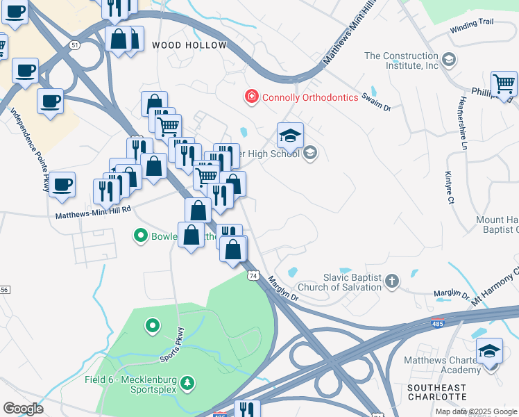 map of restaurants, bars, coffee shops, grocery stores, and more near 1712 Chambers Drive in Matthews