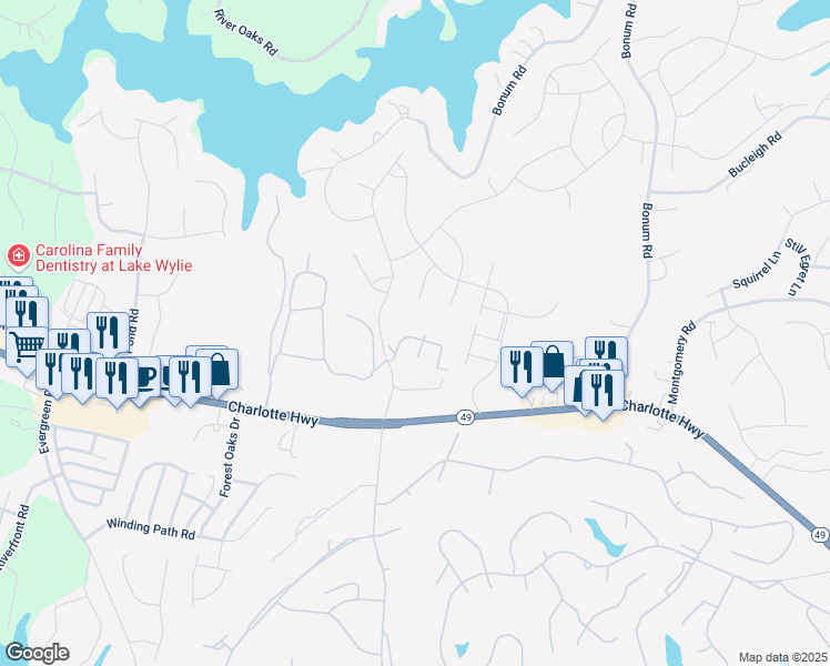 map of restaurants, bars, coffee shops, grocery stores, and more near 25 Hamiltons Harbor Drive in Lake Wylie