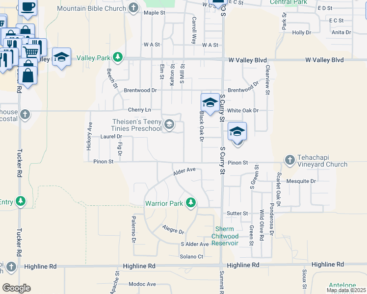 map of restaurants, bars, coffee shops, grocery stores, and more near Applewood Drive in Tehachapi