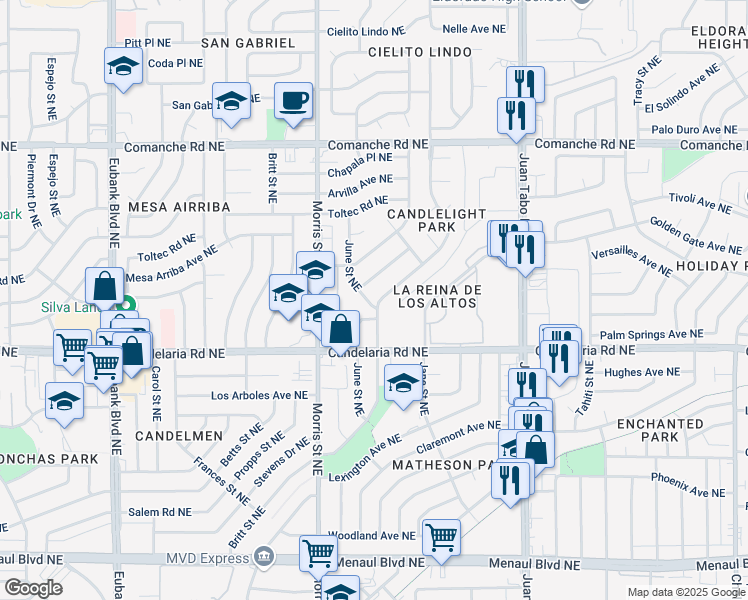 map of restaurants, bars, coffee shops, grocery stores, and more near 3155 June Street Northeast in Albuquerque