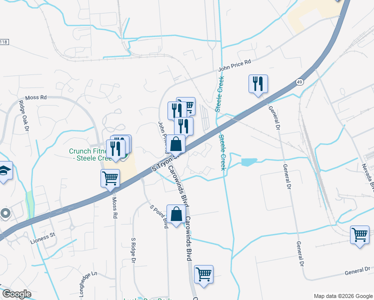 map of restaurants, bars, coffee shops, grocery stores, and more near S Tryon St & Crescent Springs Dr in Charlotte