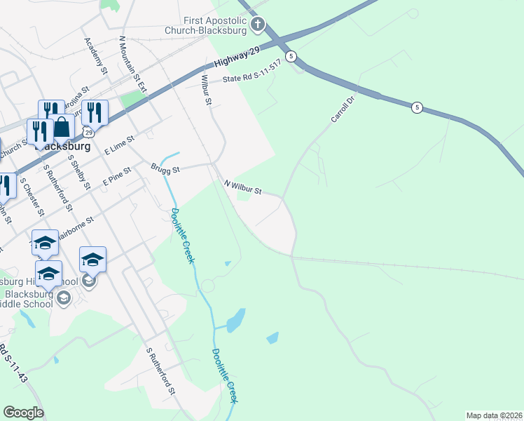map of restaurants, bars, coffee shops, grocery stores, and more near 108 Bell St in Blacksburg