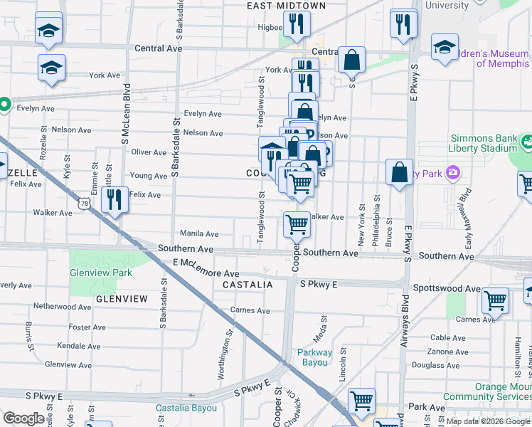 map of restaurants, bars, coffee shops, grocery stores, and more near 2092 Walker Avenue in Memphis