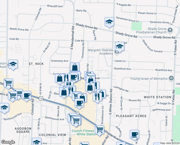 map of restaurants, bars, coffee shops, grocery stores, and more near 475 Jack Kramer Drive in Memphis