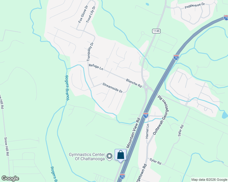 map of restaurants, bars, coffee shops, grocery stores, and more near 8888 Streamside Drive in Ooltewah