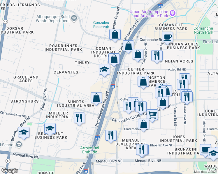 map of restaurants, bars, coffee shops, grocery stores, and more near 3330 Pan American Freeway Northeast in Albuquerque