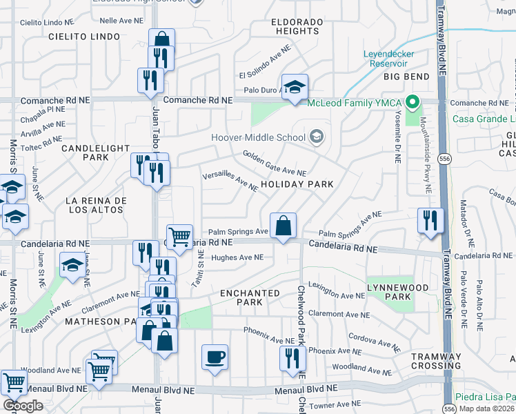 map of restaurants, bars, coffee shops, grocery stores, and more near 3201 Bahama Street Northeast in Albuquerque