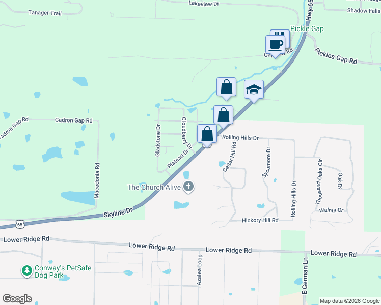 map of restaurants, bars, coffee shops, grocery stores, and more near 2840 Plateau Drive in Conway