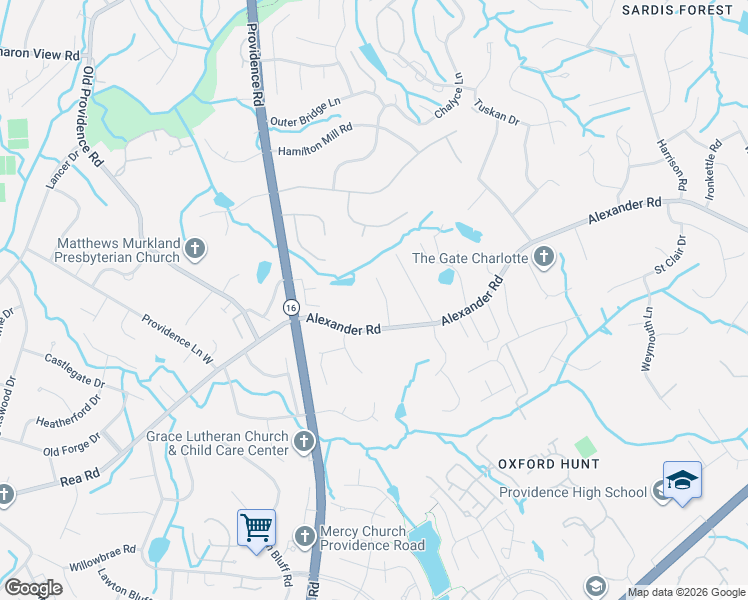 map of restaurants, bars, coffee shops, grocery stores, and more near 6621 Alexander Road in Charlotte