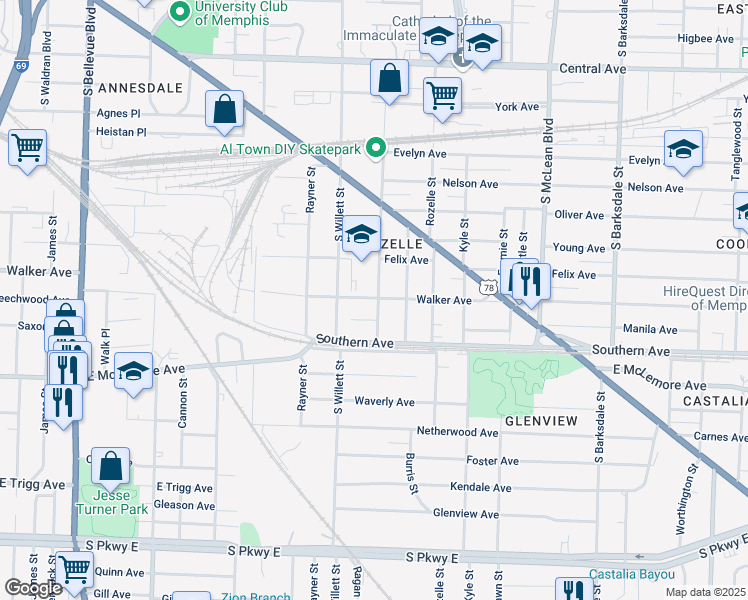map of restaurants, bars, coffee shops, grocery stores, and more near 1595 Walker Ave in Memphis