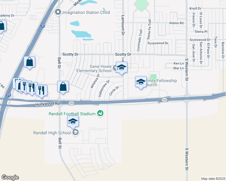 map of restaurants, bars, coffee shops, grocery stores, and more near 8710 West Amarillo Boulevard in Amarillo
