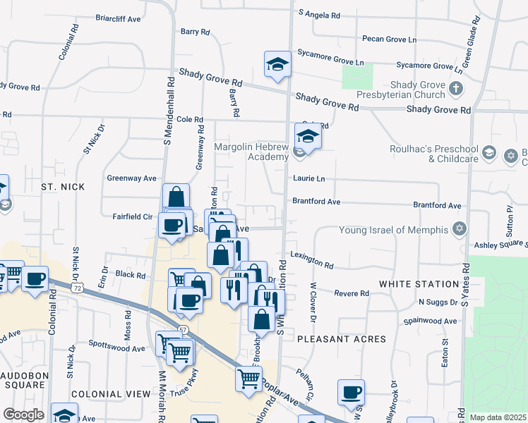 map of restaurants, bars, coffee shops, grocery stores, and more near 5191 North Racquet Club Place in Memphis