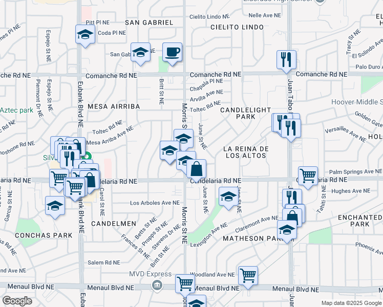map of restaurants, bars, coffee shops, grocery stores, and more near 3100 Morris Street Northeast in Albuquerque