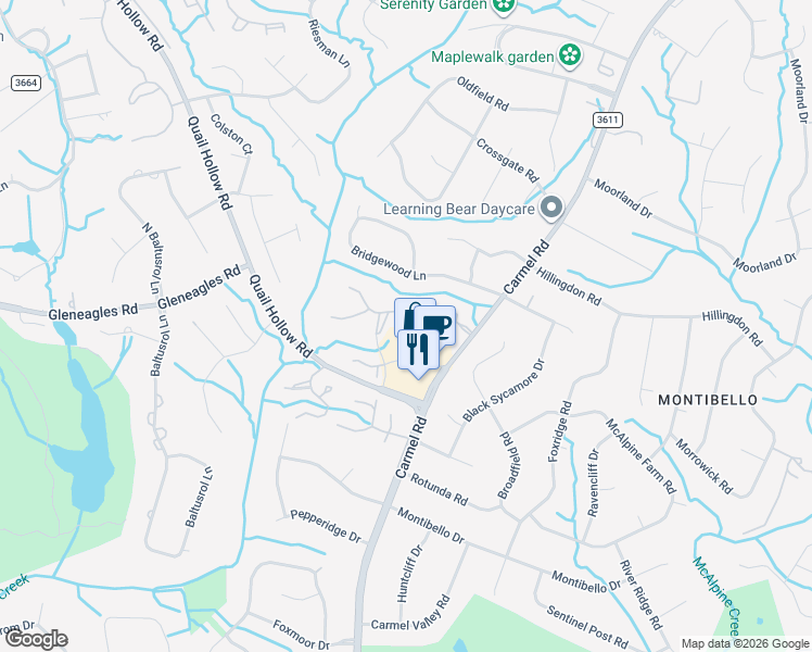 map of restaurants, bars, coffee shops, grocery stores, and more near 7524 Quail Wood Drive in Charlotte