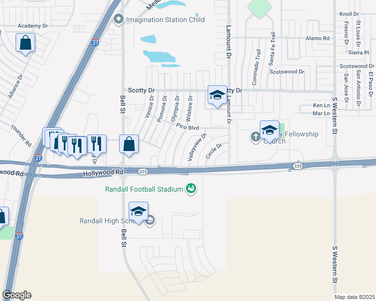 map of restaurants, bars, coffee shops, grocery stores, and more near 8610 Valleyview Drive in Amarillo