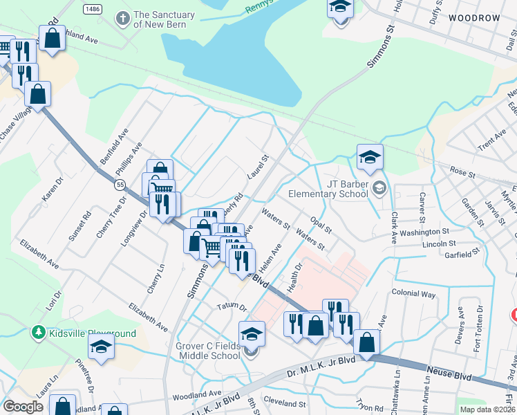 map of restaurants, bars, coffee shops, grocery stores, and more near 1323 Hazel Avenue in New Bern