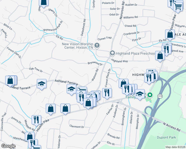 map of restaurants, bars, coffee shops, grocery stores, and more near 4113 Watson Road in Chattanooga