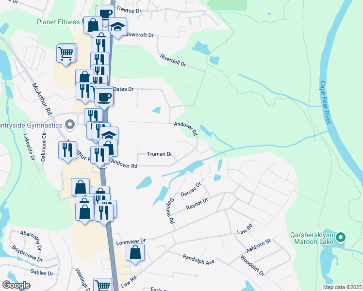 map of restaurants, bars, coffee shops, grocery stores, and more near 235 Croydon Avenue in Fayetteville