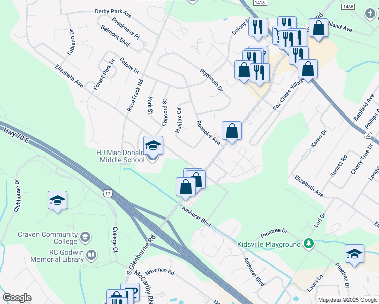 map of restaurants, bars, coffee shops, grocery stores, and more near 814 Halifax Circle in New Bern