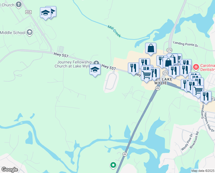 map of restaurants, bars, coffee shops, grocery stores, and more near 373 Battery Circle in Lake Wylie