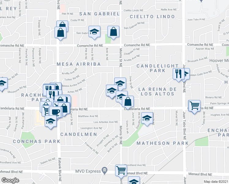 map of restaurants, bars, coffee shops, grocery stores, and more near 10305 Quarai Avenue Northeast in Albuquerque