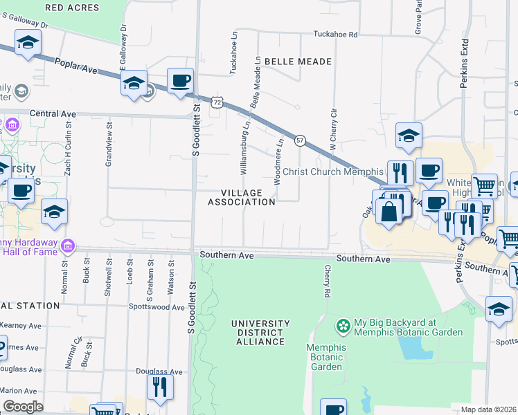 map of restaurants, bars, coffee shops, grocery stores, and more near 4201 Grandview Avenue in Memphis