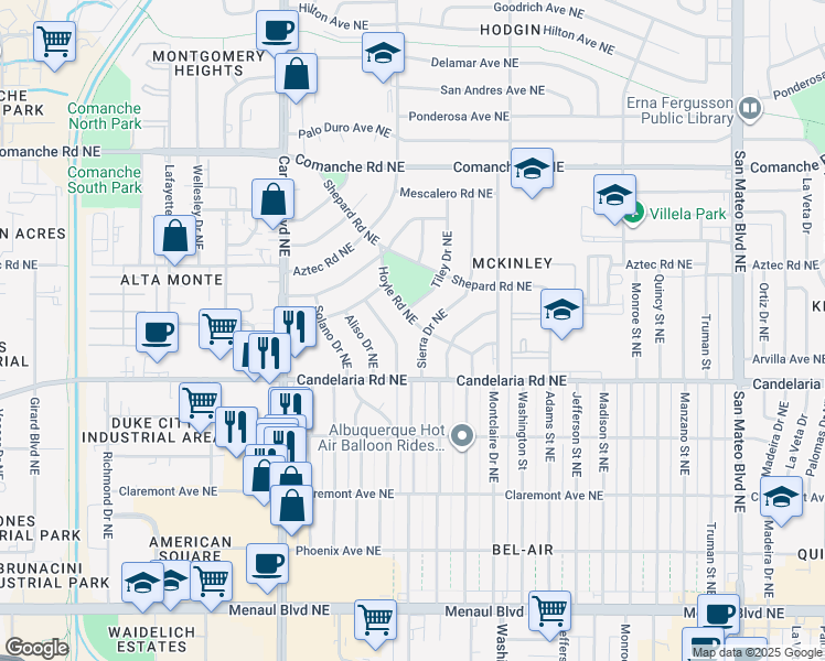 map of restaurants, bars, coffee shops, grocery stores, and more near 3307 Hoyle Road Northeast in Albuquerque