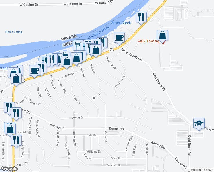 map of restaurants, bars, coffee shops, grocery stores, and more near 1289 Verano Drive in Bullhead City