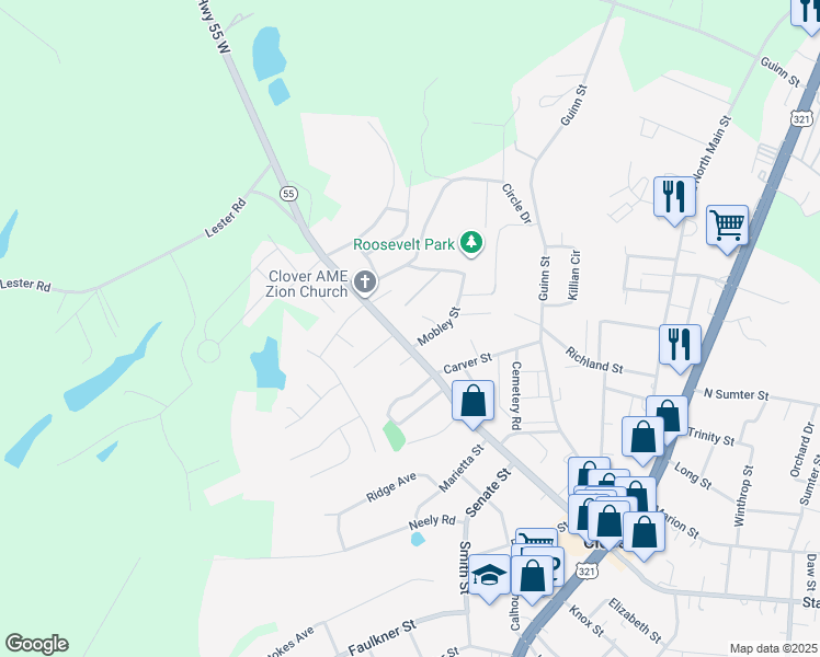 map of restaurants, bars, coffee shops, grocery stores, and more near 710 Kings Mountain Street in Clover