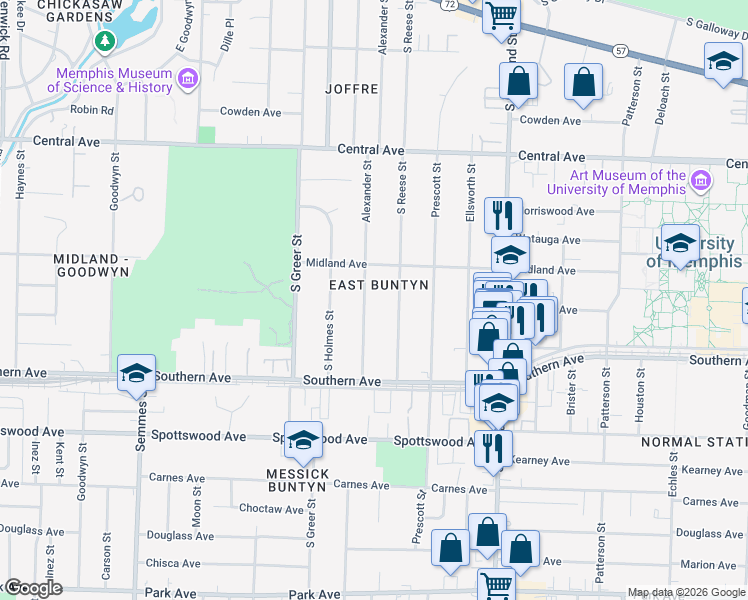 map of restaurants, bars, coffee shops, grocery stores, and more near 501 South Reese Street in Memphis