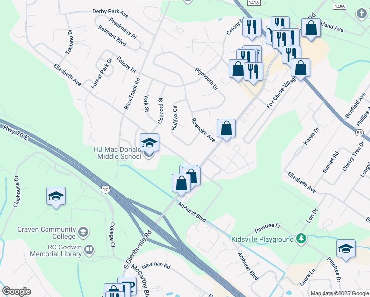 map of restaurants, bars, coffee shops, grocery stores, and more near 814 Halifax Circle in New Bern