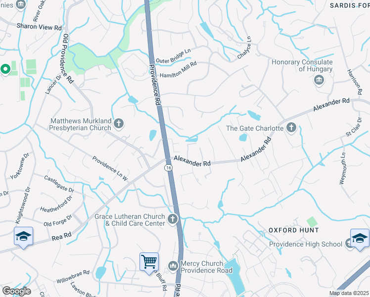 map of restaurants, bars, coffee shops, grocery stores, and more near 6517 Alexander Road in Charlotte