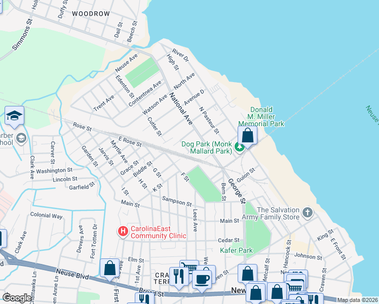 map of restaurants, bars, coffee shops, grocery stores, and more near 599 B Street in New Bern