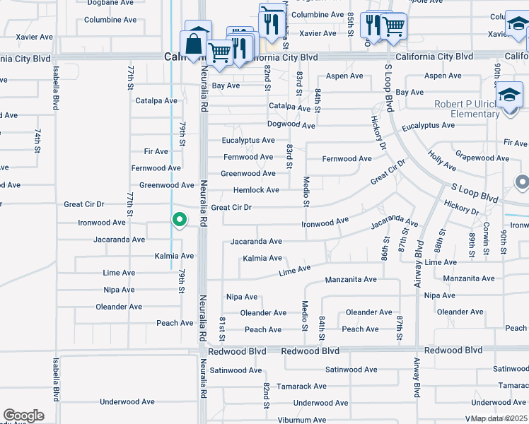 map of restaurants, bars, coffee shops, grocery stores, and more near 8212 Great Circle Drive in California City