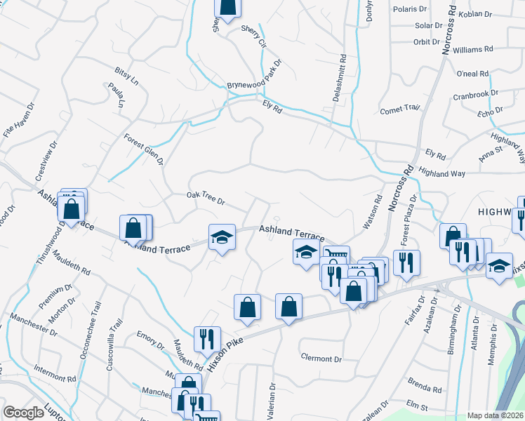 map of restaurants, bars, coffee shops, grocery stores, and more near 3604 Forest Highland Dr in Chattanooga