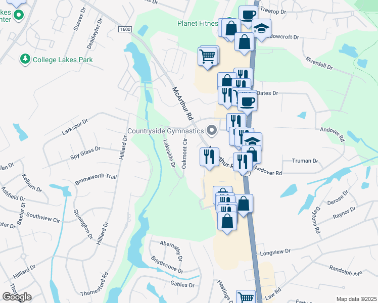 map of restaurants, bars, coffee shops, grocery stores, and more near Oakmont Circle in Fayetteville