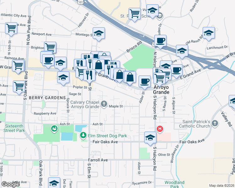 map of restaurants, bars, coffee shops, grocery stores, and more near 155 Walnut Street in Arroyo Grande