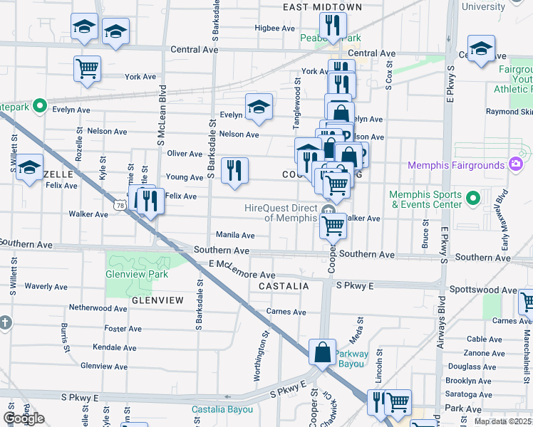 map of restaurants, bars, coffee shops, grocery stores, and more near 2004 Walker Avenue in Memphis