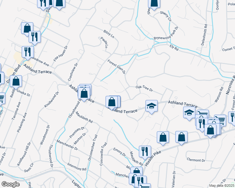 map of restaurants, bars, coffee shops, grocery stores, and more near 504 Oak Tree Dr in Chattanooga
