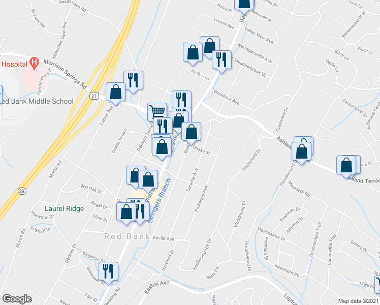 map of restaurants, bars, coffee shops, grocery stores, and more near 3824 Redding Road in Chattanooga