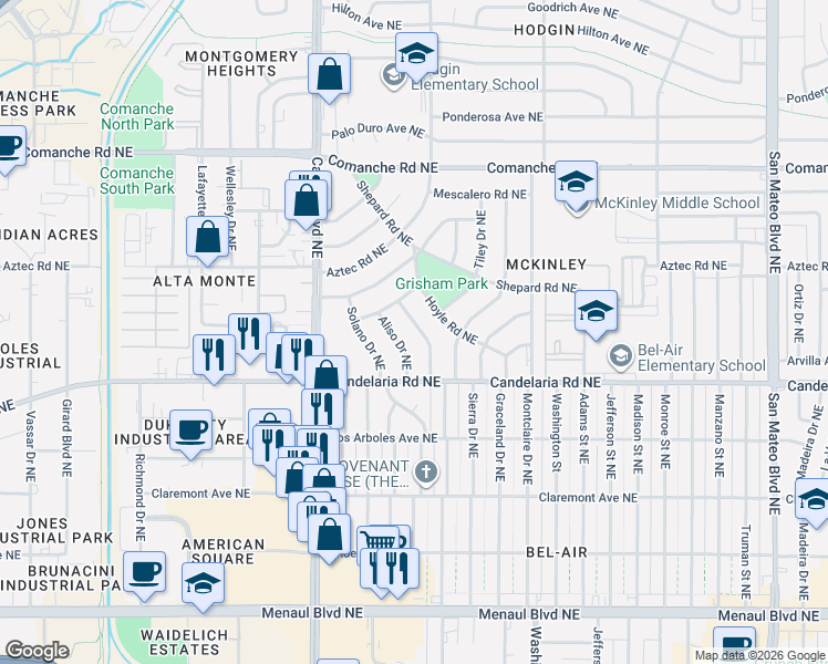 map of restaurants, bars, coffee shops, grocery stores, and more near 3115 Morningside Drive Northeast in Albuquerque