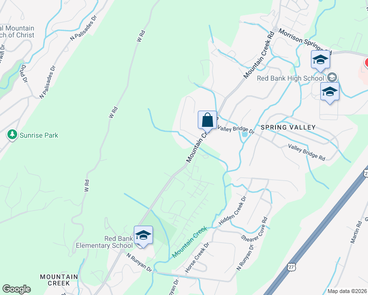 map of restaurants, bars, coffee shops, grocery stores, and more near 1161 Mountain Creek Road in Chattanooga