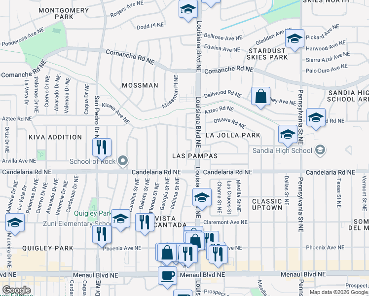 map of restaurants, bars, coffee shops, grocery stores, and more near 3100 Indiana Street Northeast in Albuquerque