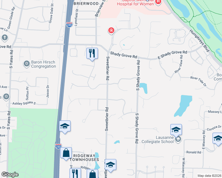 map of restaurants, bars, coffee shops, grocery stores, and more near 472 Sweetbrier Road in Memphis