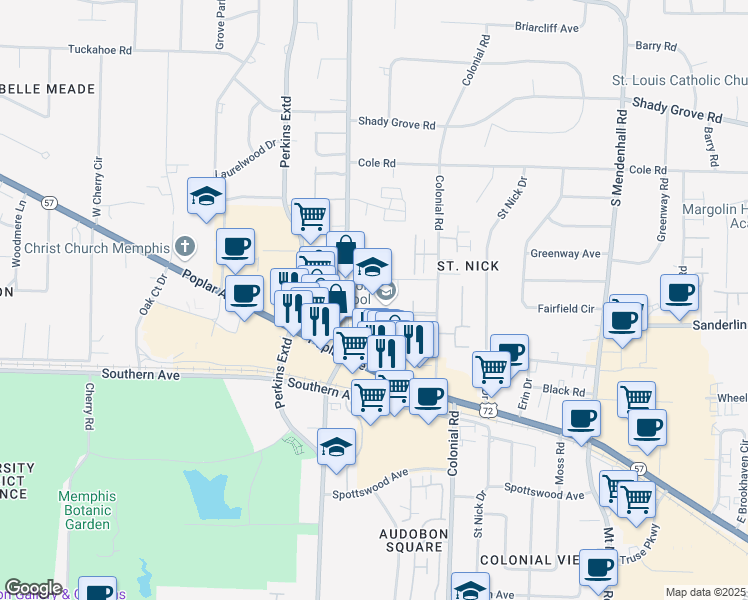 map of restaurants, bars, coffee shops, grocery stores, and more near 514 South Perkins Road in Memphis