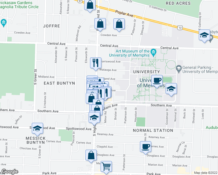 map of restaurants, bars, coffee shops, grocery stores, and more near 3582 Mynders Avenue in Memphis