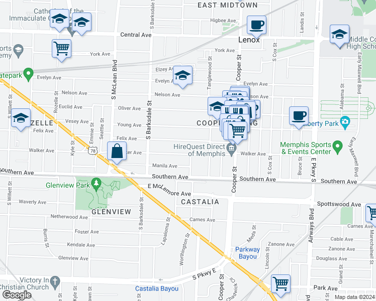 map of restaurants, bars, coffee shops, grocery stores, and more near 2004 Walker Avenue in Memphis